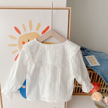 Dekleta korejski slog priložnostne majice baby dekle lacework mozaik zavoj navzdol ovratnik vezenje majica