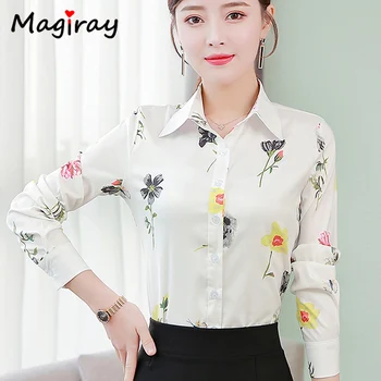 Magiray Dolg Rokav Šifon Bluzo Ženske 2021 Poletje Plus Velikost Cvetlični Urad za Delo korejski Elegantna Ženska Majica Bela Vrh C153