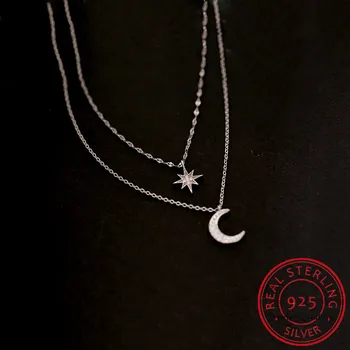 Moda 925 Sterling Silver Star Luna Dvojno plast Ogrlica Cirkon Obesek Ogrlice za Ženske Fine Nakit Dodatki
