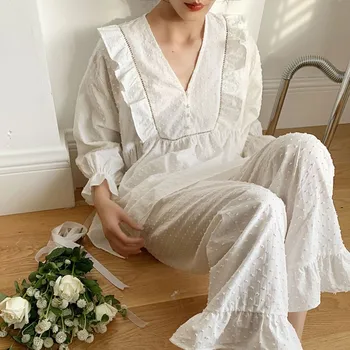 Pomlad Jesen Bombaž Proti-vrat Jopico Ženske Pižame Določa Sladko Ženski Dolg Rokav Kimono Pižame Svoboden Sleepwear Obleke
