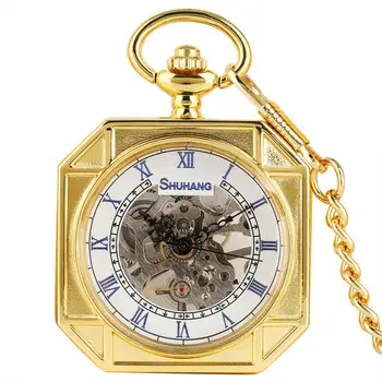 Royal Gold Octagonal Mehanske žepna ura Transparentno Steklo Primeru Edinstven Design Ročno Navijanje FOB Verige Luksuznih Reloj Najboljših Daril