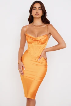 TANGERINE SATENAST KORZET MIDI OBLEKO 2021 Visoke Kakovosti Seksi Bodycon Obleka Ženske Poletje Oranžna Stranka Obleko Večer Klub Obleke