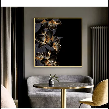 Črno Zlati Listi Cvet Platna Slike Wall Art Nordijska Plakatov in Fotografij Sodoben Obrat Dekoracijo Sliko Za Spalnico Doma