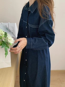 Žensk Pomlad Jesen Traper Srajco, Obleko z Dolgimi Rokavi Priložnostne Čipke-up Jeans Vestidos Ženska Moda korejski Ulične Clothings