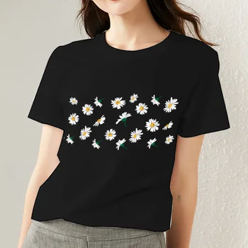 Ženske T-shirt Priložnostne Slim Krog Vratu Klasičnih Daisy Pravljice Vzorec Serije Tiskanih Osnovne Dihanje Udobno Žensk Črni Vrh