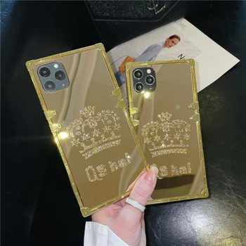 Luksuzni Golden Square Ogledalo Primeru Telefon Za iPhone 12 13 11 Pro XS Max XR X 7 8 Plus Nove vroče Krono Moda Kritje Coque za Ženske